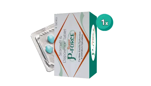 Verpakking Super P-Force, een kamagra variant die je online kunt bestellen, met blauwe pillen